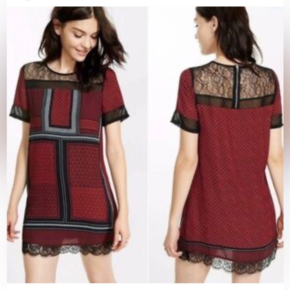EXPRESS BLACK & RED EYELASH HEM LACE MINI DRESS BACK ZIPPER‎ FULLY LINED